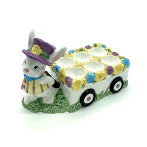 Vtg 1999 Figi Ceramic Easter Egg Holder Decorative Cart Rabbit Pulling Wagon